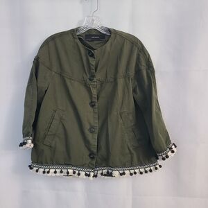 Zara Basic Sz Small Oversize Boho Olive Green Pompom Hem Lightweight Jacket